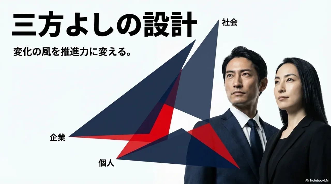 三角形で社会・企業・個人の三者を同方向に伸ばす考え方を示す画像
