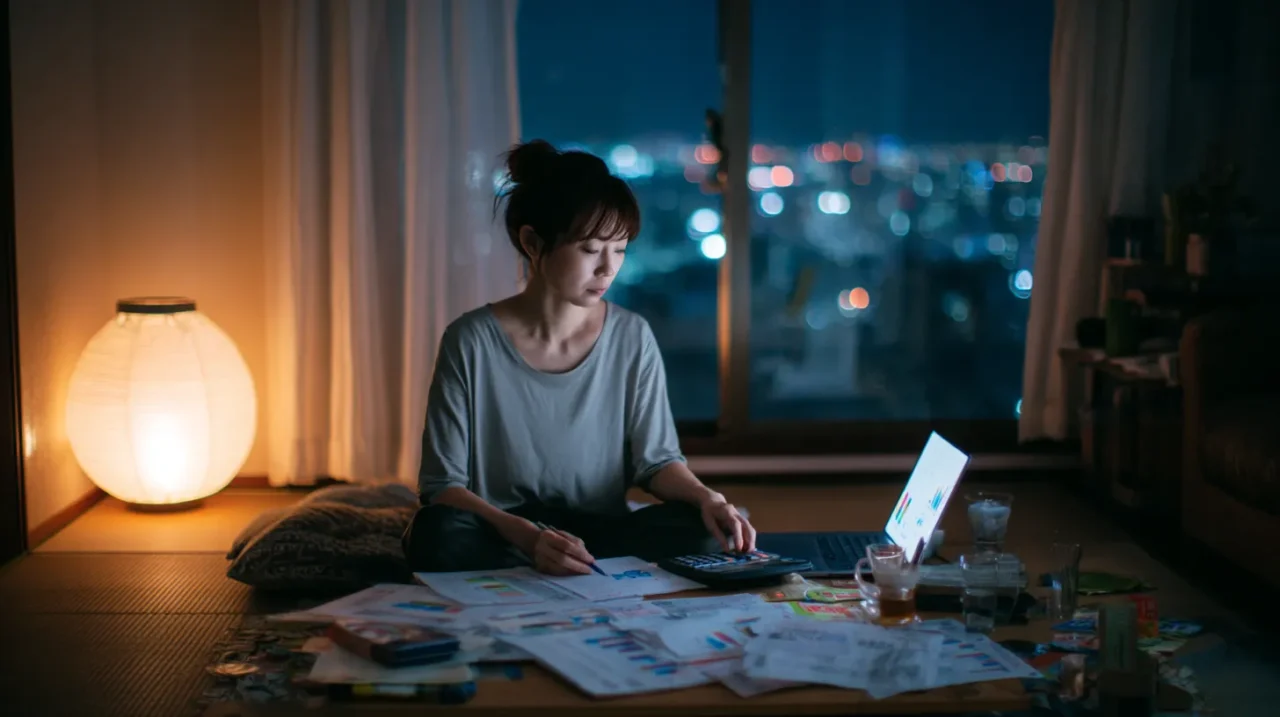 夜の自宅で老後資金や家計の書類を広げ、電卓を使いながら不安そうに将来の生活費を計算する日本人女性