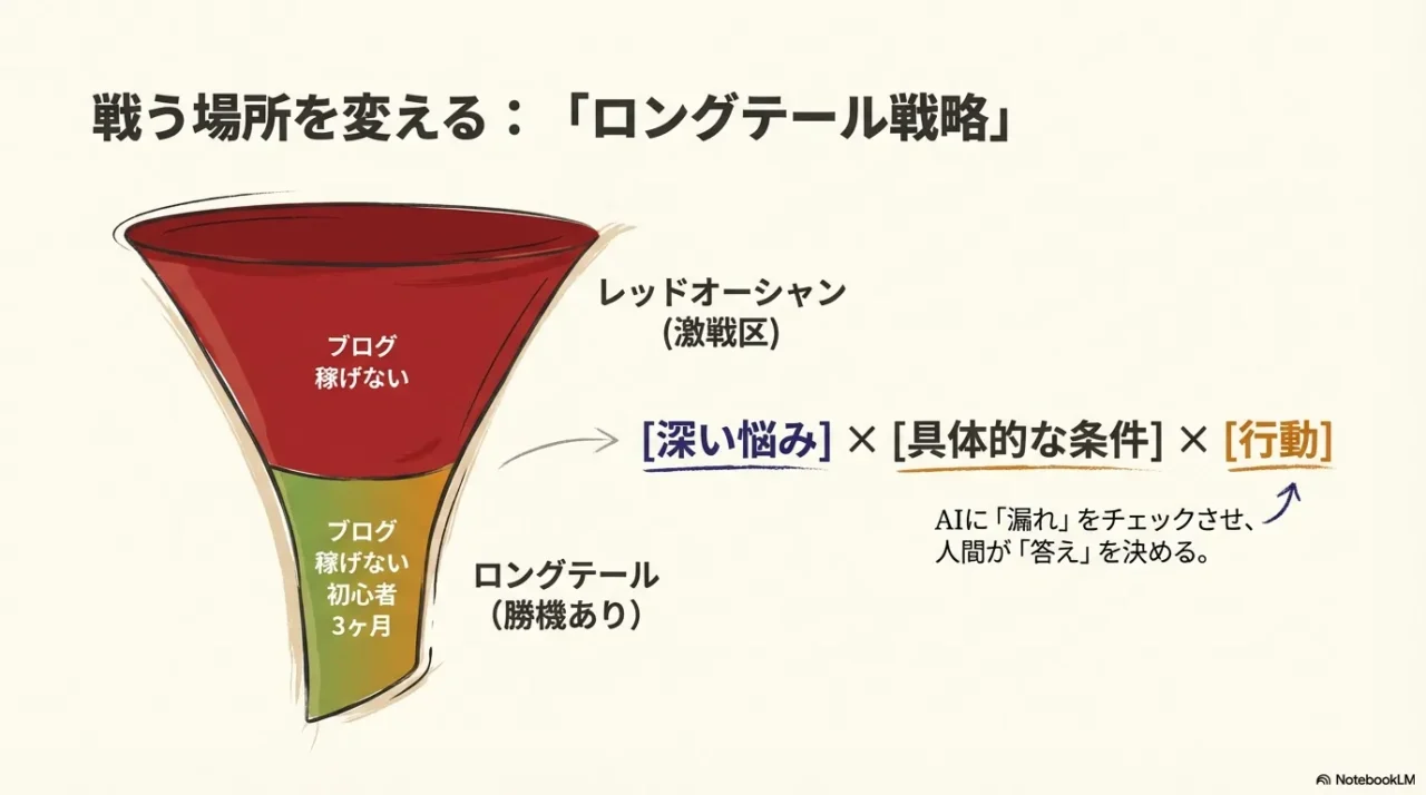 激戦区を避け、深い悩み×条件×行動のロングテールで勝つ流れを示す図