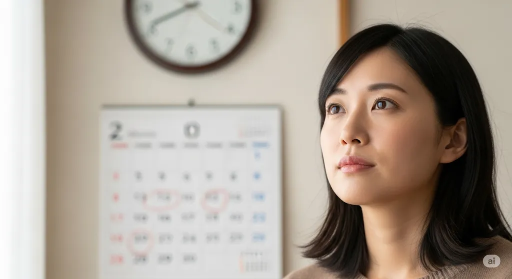 背景に時間経過と長期的な懸念を象徴するカレンダーと時計があり、物思いにふけって遠くを見つめている女性。