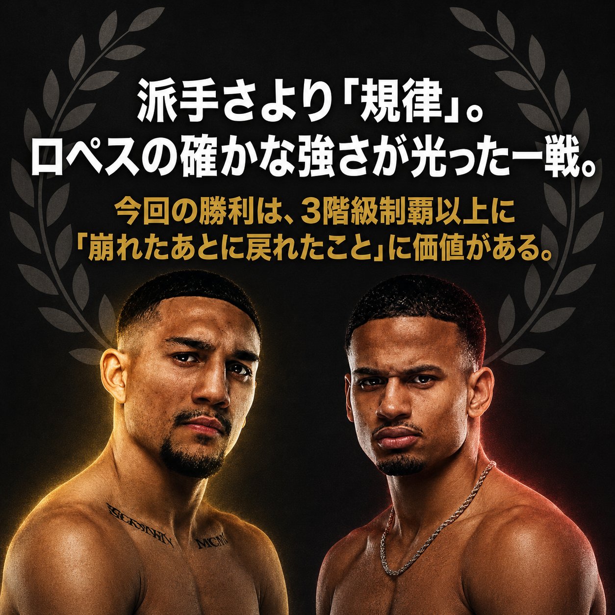 月桂樹を背景にテオフィモ・ロペスとローランド・ロメロを並べ、規律と修正力が勝敗を分けたと総括する画像