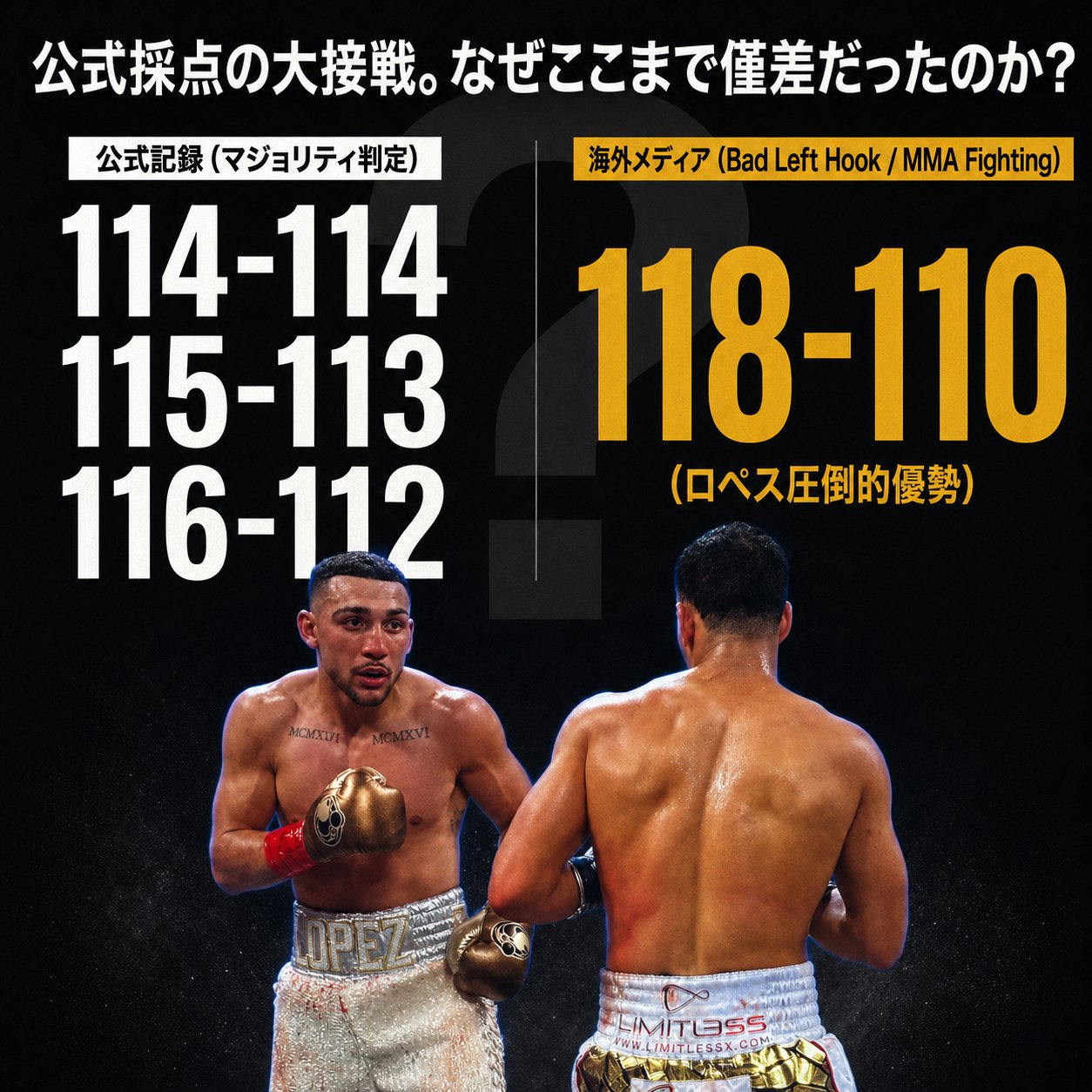 公式採点114-114、115-113、116-112と海外メディアの118-110を比較し、判定の開きを示した図