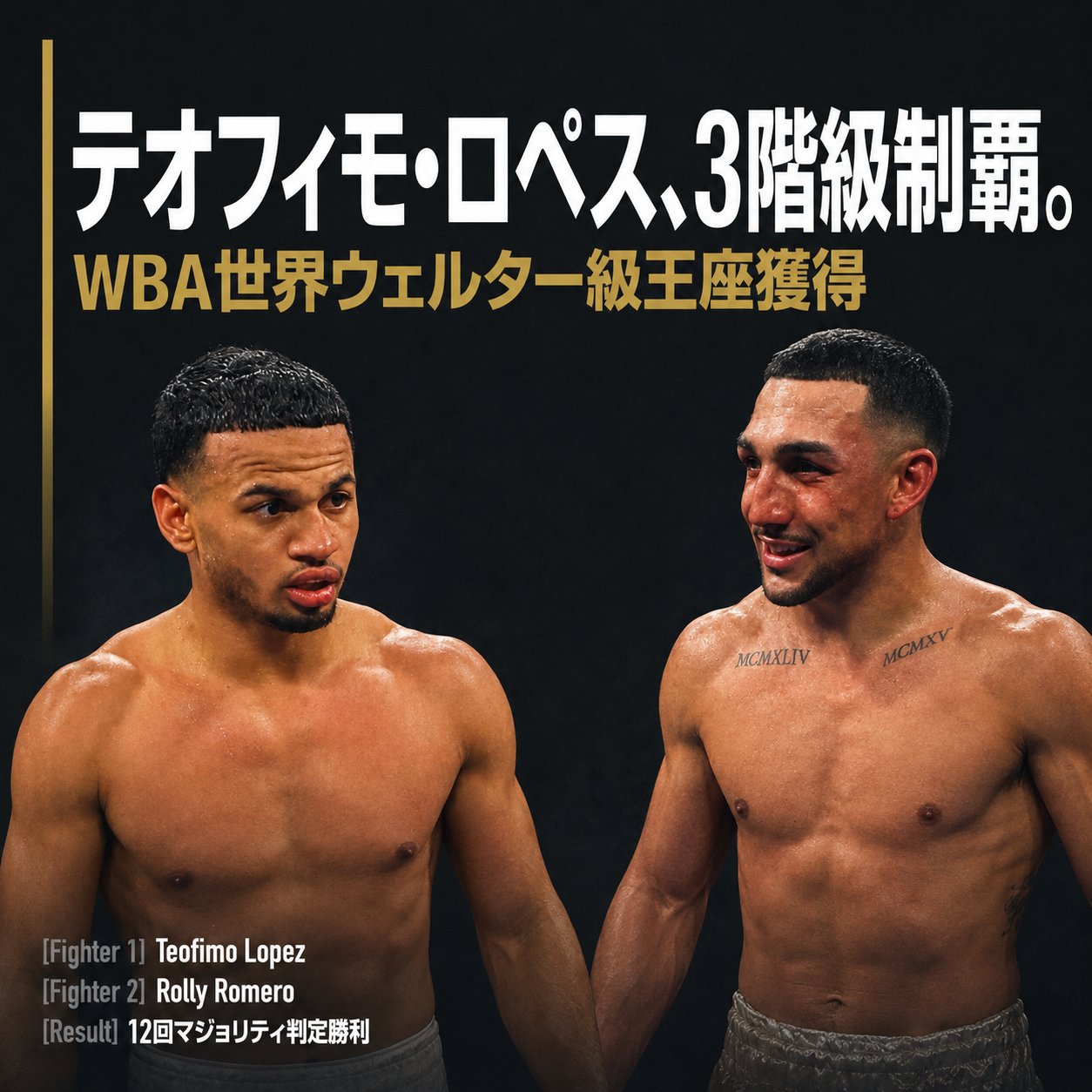 WBA世界ウェルター級王座を懸けて対戦したテオフィモ・ロペスとローランド・ロメロを並べ、ロペスの判定勝利を示した画像