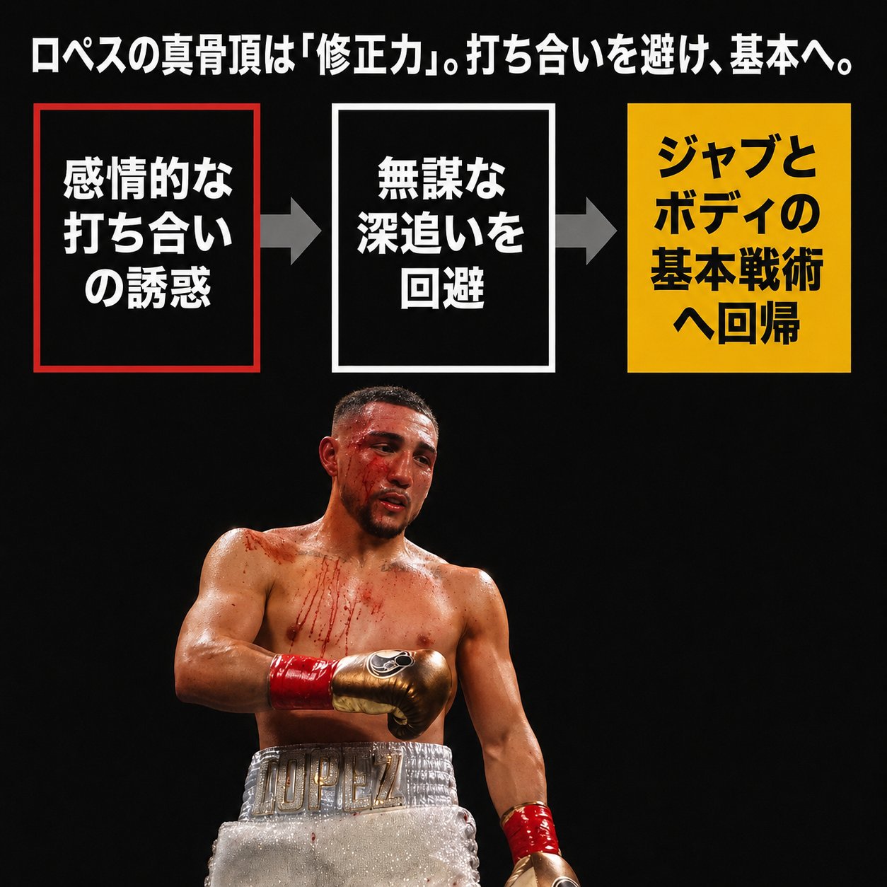 流血したテオフィモ・ロペスと、感情的な打ち合いを避けてジャブとボディーへ戻る流れを示した戦術分析画像