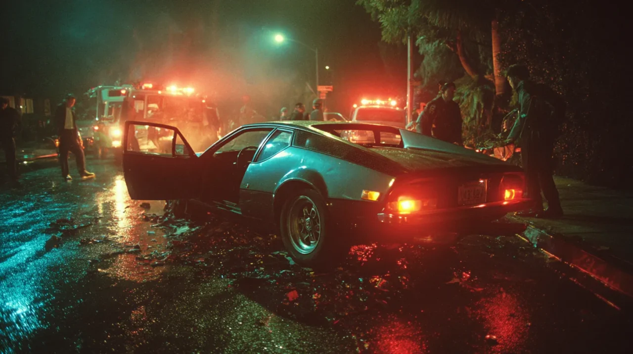 深夜のロサンゼルスで、衝突事故を起こしたスポーツカーが道路に停まり、周囲を緊急車両の赤色灯が照らす中、散乱した破片と警察・救急隊員が確認作業を行っている様子。