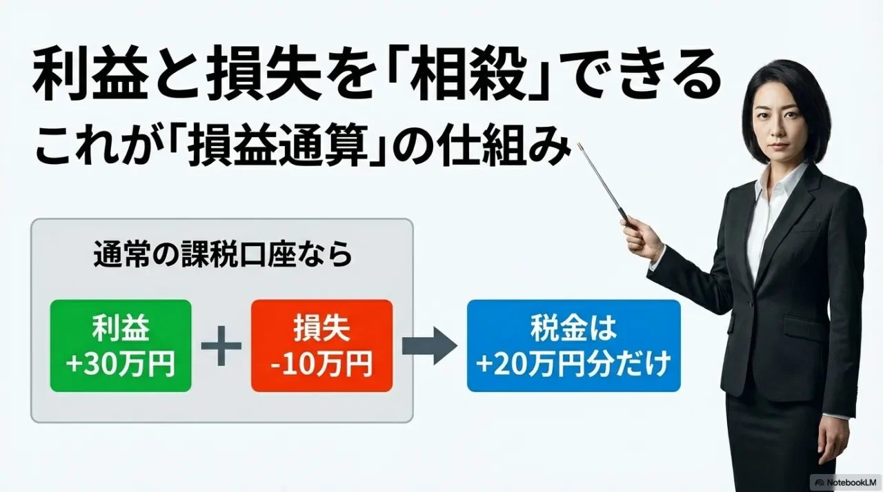 利益30万円と損失10万円を相殺し課税対象が20万円になる例を示す画像