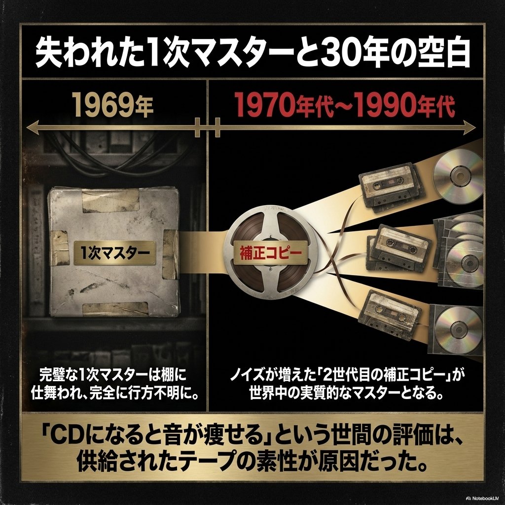 左に棚へ仕舞われた1次マスターの箱、右に補正コピーからカセットやCDへ枝分かれする流れを配置し、1969年から1990年代までのマスター供給の変化を示した比較図。