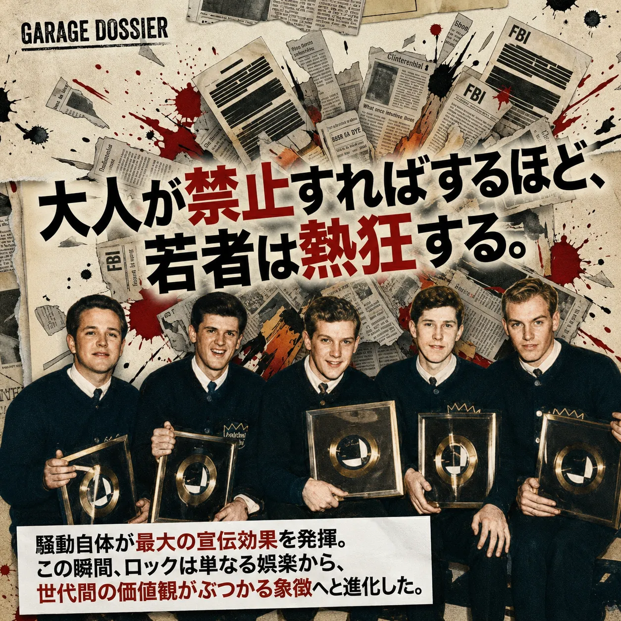 ゴールドディスクを持つ5人組バンドの白黒写真。背景にFBI文書や新聞、赤と黒の飛沫。「大人が禁止すればするほど、若者は熱狂する」と大きく書かれ、ロックが世代間の価値観の象徴へ進化したと解説するGARAGE DOSSIERの記事。