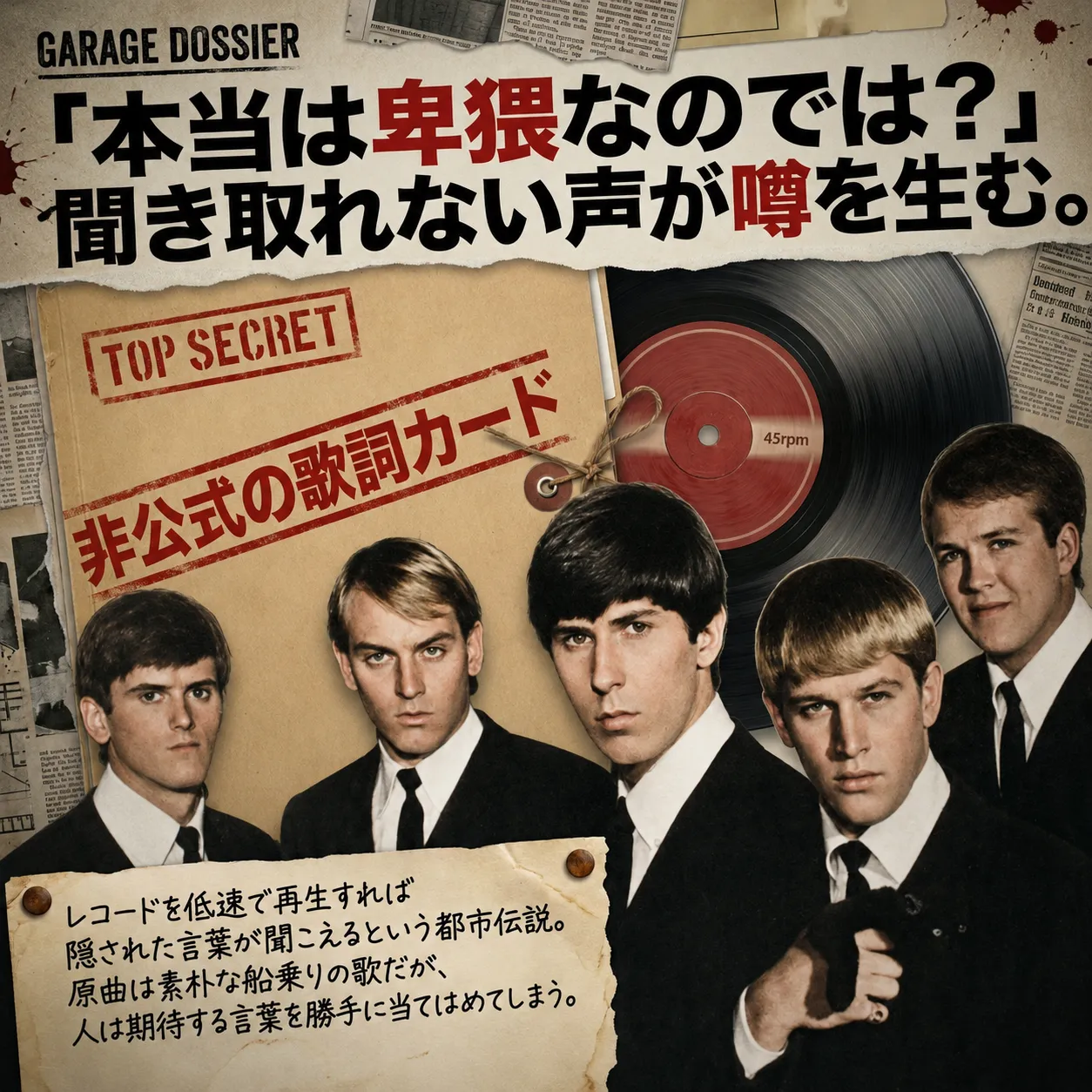ガレージロックバンドの1960年代風モノクロ写真と、TOP SECRETと記された非公式の歌詞カード、45回転レコードのコラージュ。「本当は卑猥なのでは?聞き取れない声が噂を生む」の見出しと、低速再生で隠された言葉が聞こえるという都市伝説を解説する記事。