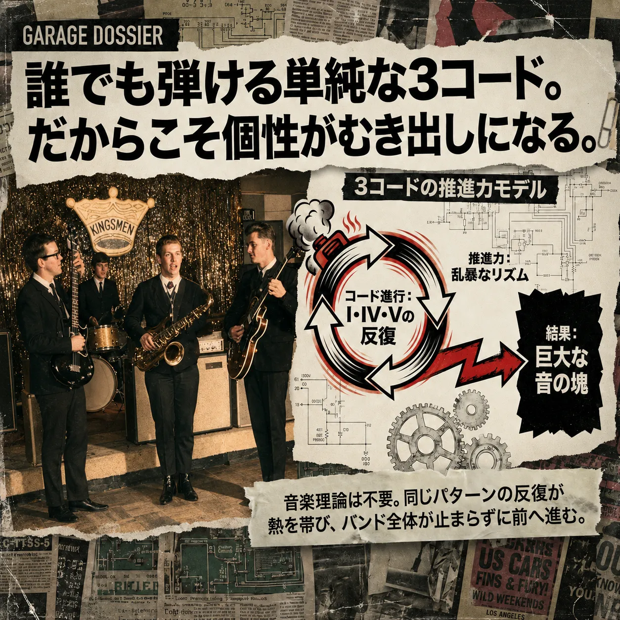 ガレージロックバンド「KINGSMEN」がスーツ姿で演奏する様子と、3コードの推進力モデルを解説した図解。I・IV・Vの反復が乱暴なリズムを生み、巨大な音の塊となる仕組みを示すヴィンテージ風インフォグラフィック。
