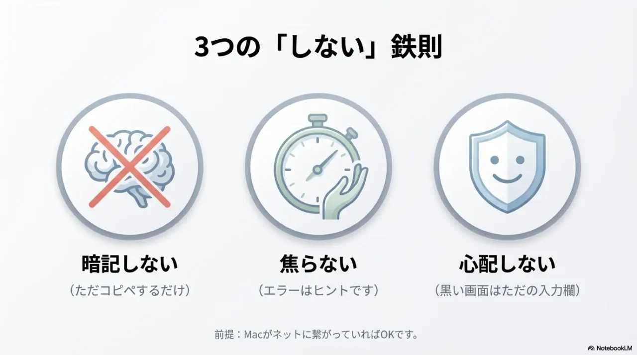 暗記しない・焦らない・心配しないの3ルールを示すイラスト