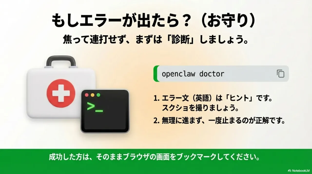 エラー時は連打せず、診断コマンドを実行する流れを示すイメージ