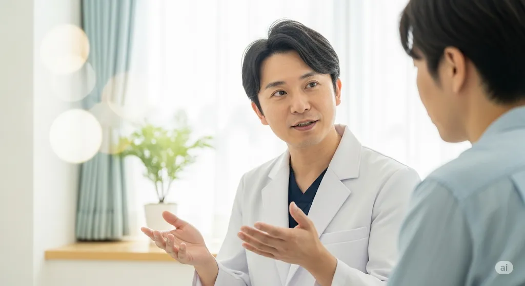 医師が患者と向き合い、治療法について説明している。