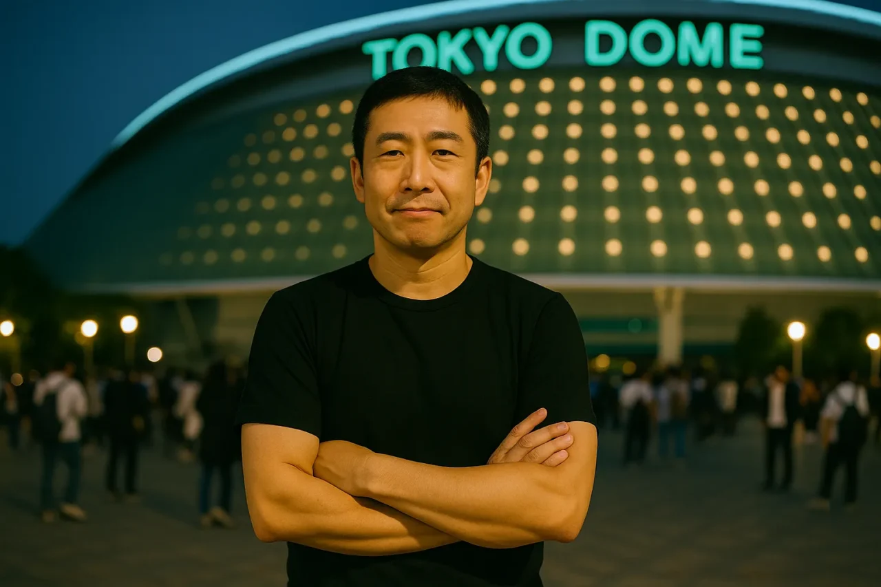 ライブ会場前で自信に満ちた表情を浮かべる中年の日本人男性