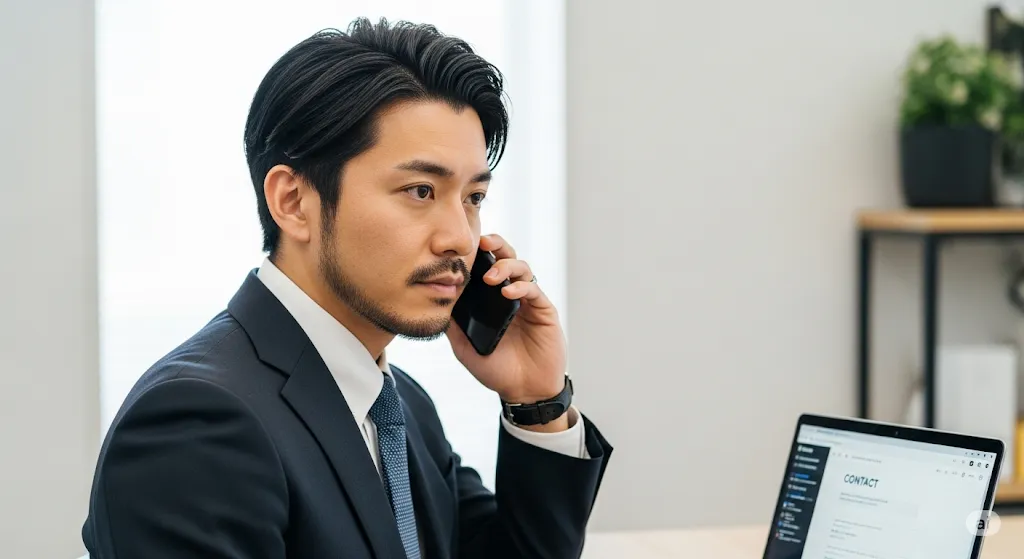ノートパソコンで連絡先を確認しながら電話で問い合わせる日本人男性