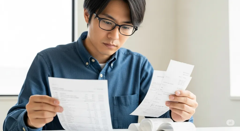 請求書とレシートを見比べている真剣な表情の男性