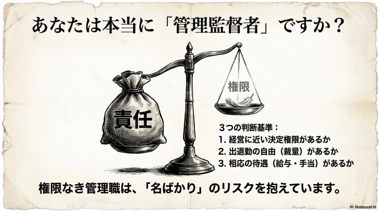 「権限」「責任」という言葉とともに、管理監督者の3つの判断基準（1.経営に近い決定権限、2.出退勤の裁量、3.相応の待遇）を示したイラスト。