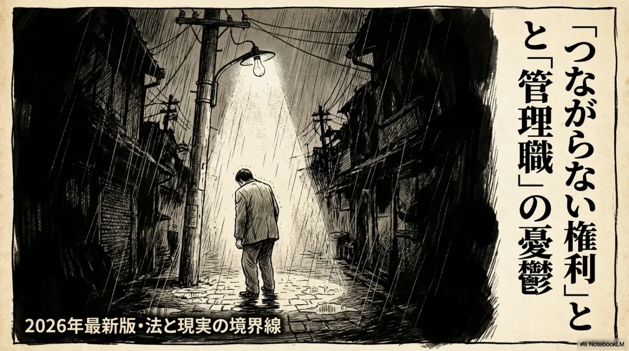 2026年最新版・法と現実の境界線」というタイトルと、「つながらない権利と管理職の憂鬱」というサブタイトルが書かれたイラスト表紙。