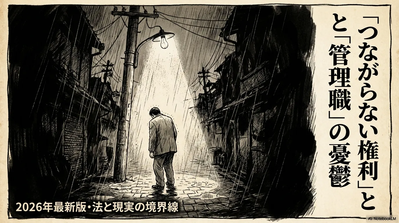 2026年最新版・法と現実の境界線」というタイトルと、「つながらない権利と管理職の憂鬱」というサブタイトルが書かれたイラスト表紙。