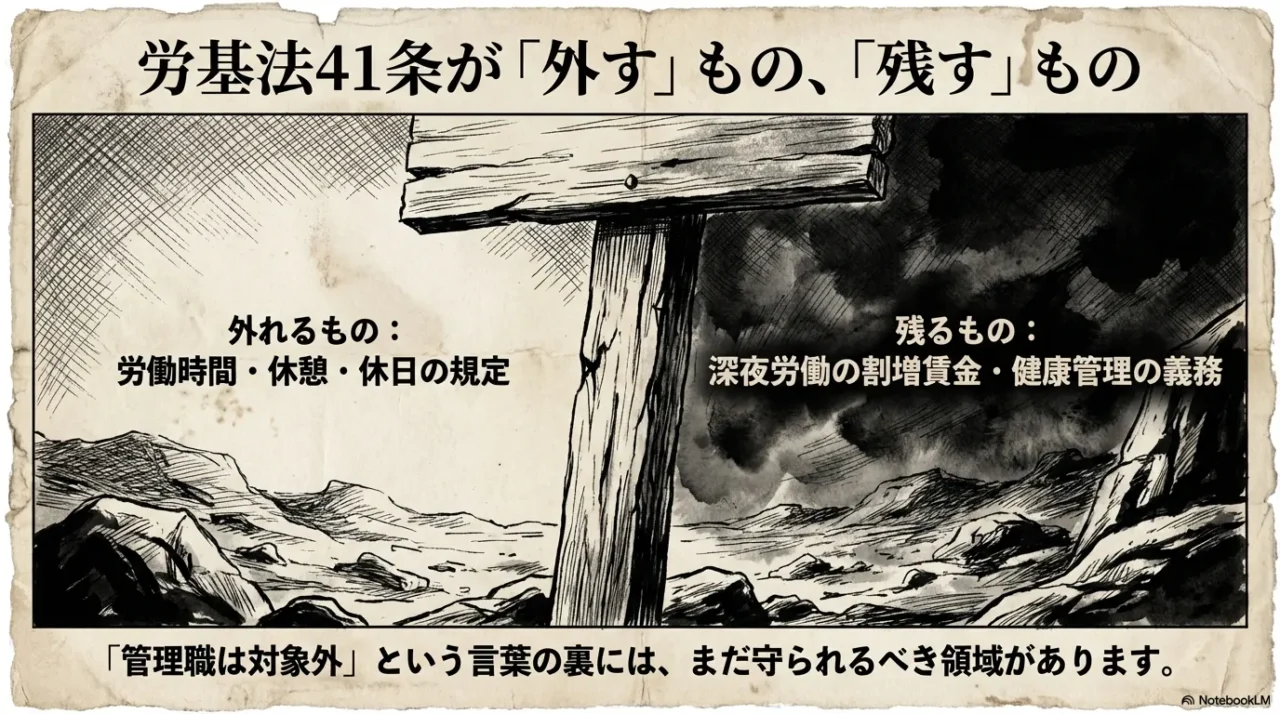 荒廃した風景の中にある立て札のイラスト。「外れるもの：労働時間・休憩・休日の規定」「残るもの：深夜労働の割増賃金・健康管理の義務」という対比説明。