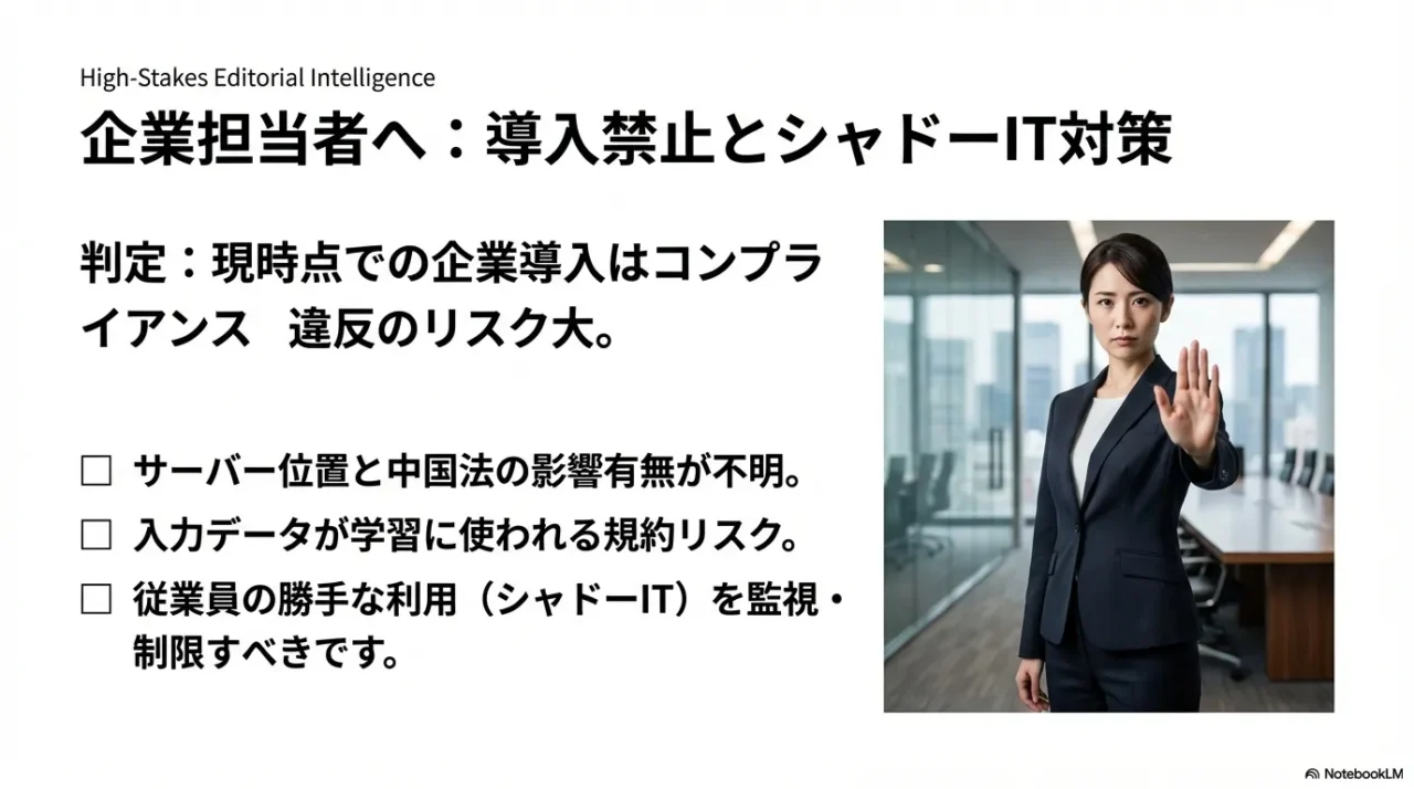 企業担当者がManus AI導入前に確認すべきコンプライアンスチェックリストとシャドーIT対策。