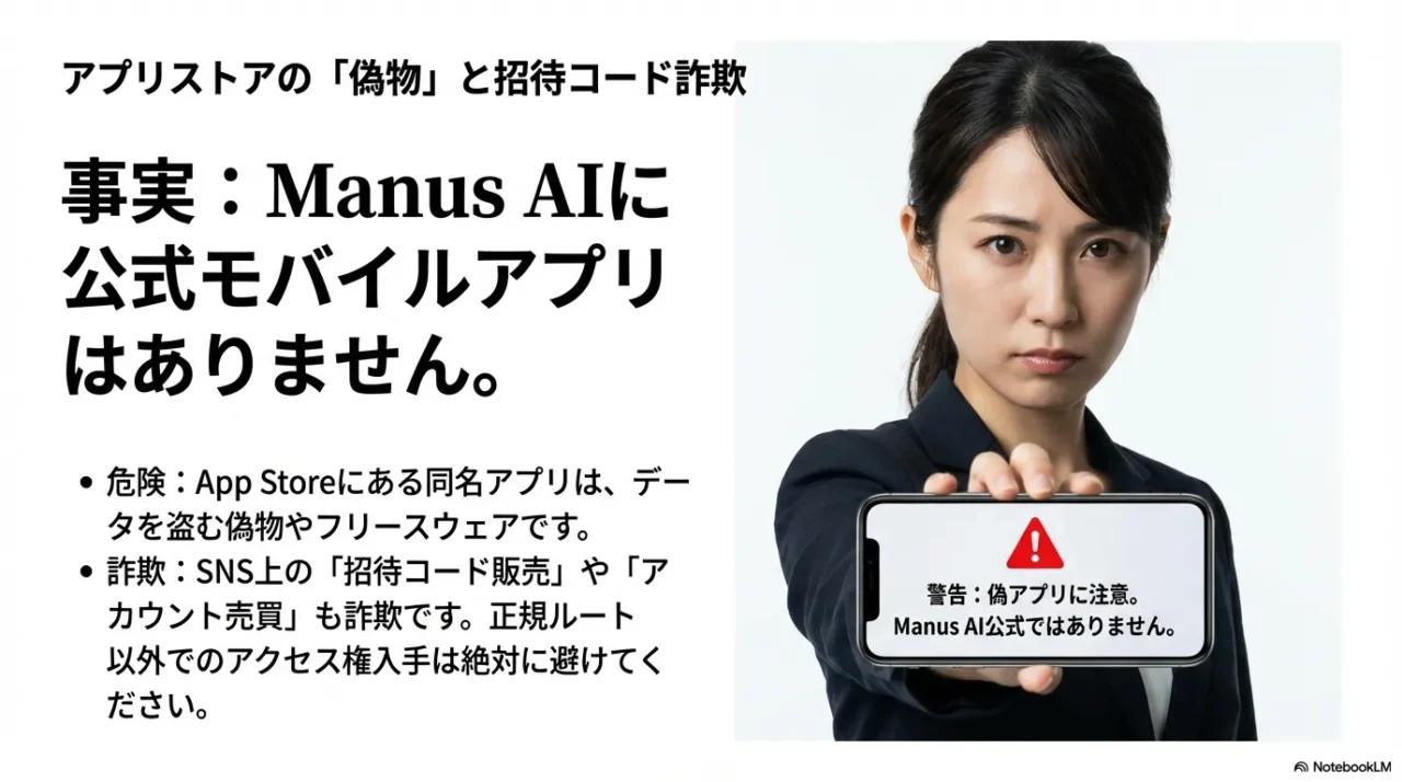 アプリストアの偽ManusアプリとSNSでの招待コード詐欺への警告。