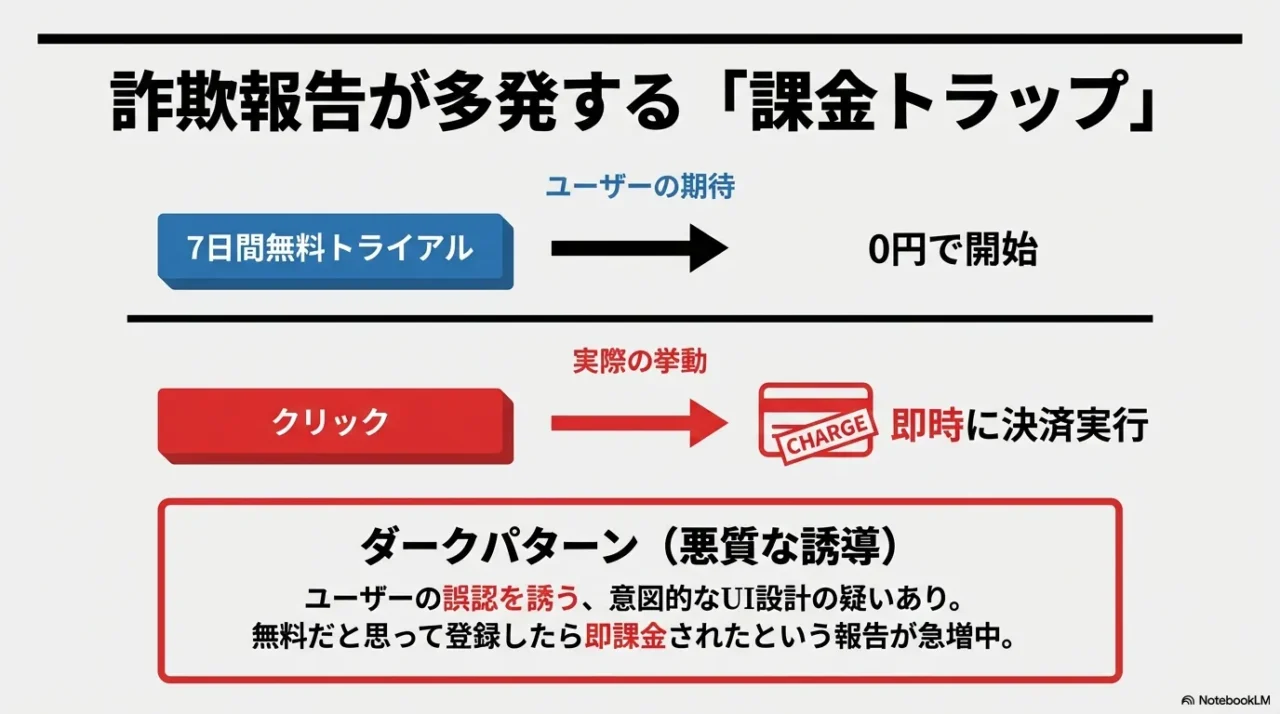 Manus AIの無料トライアル詐欺と年額プランへの誘導を行うダークパターンUIの図解。