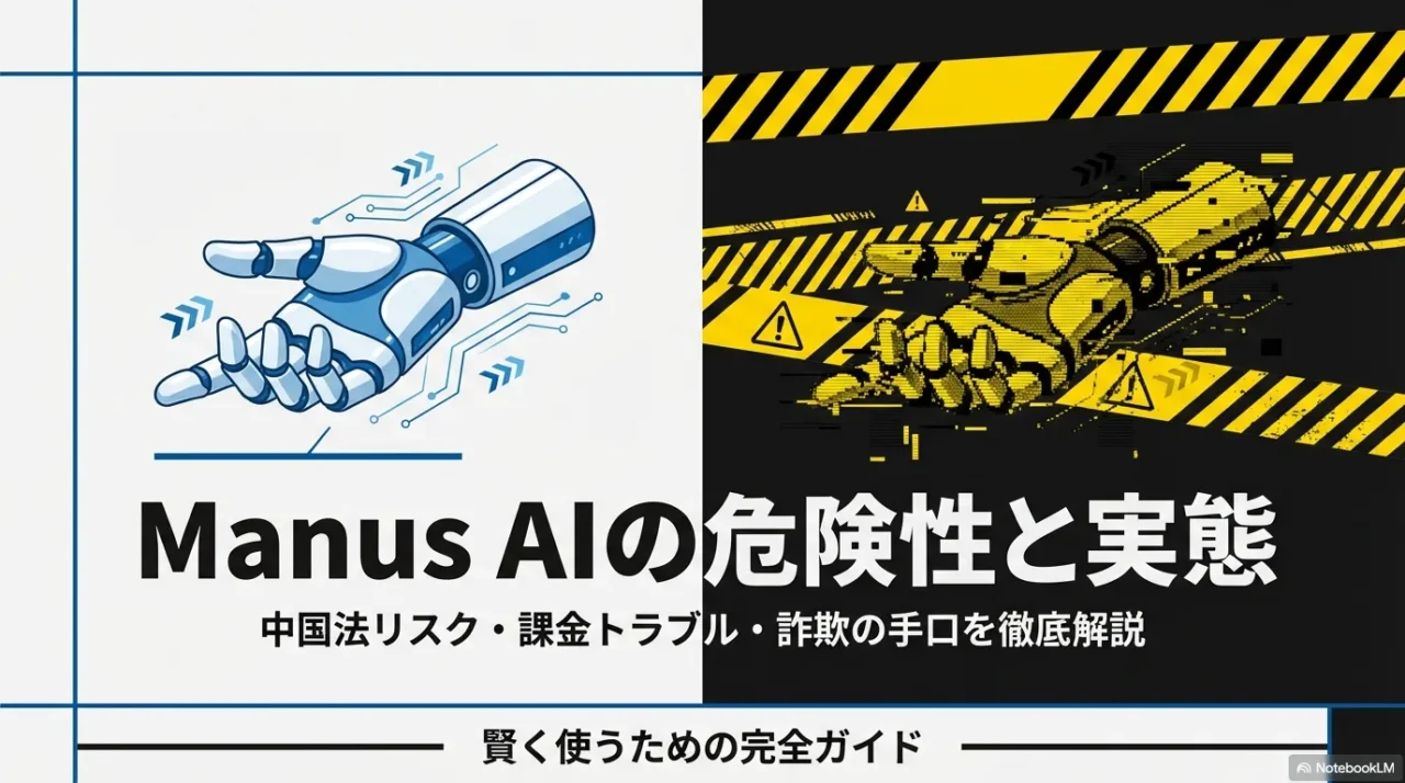 AIロボットの手をモチーフに、Manus AIの危険性やリスク、課金トラブルや詐欺の可能性を警告的に表現したビジュアル