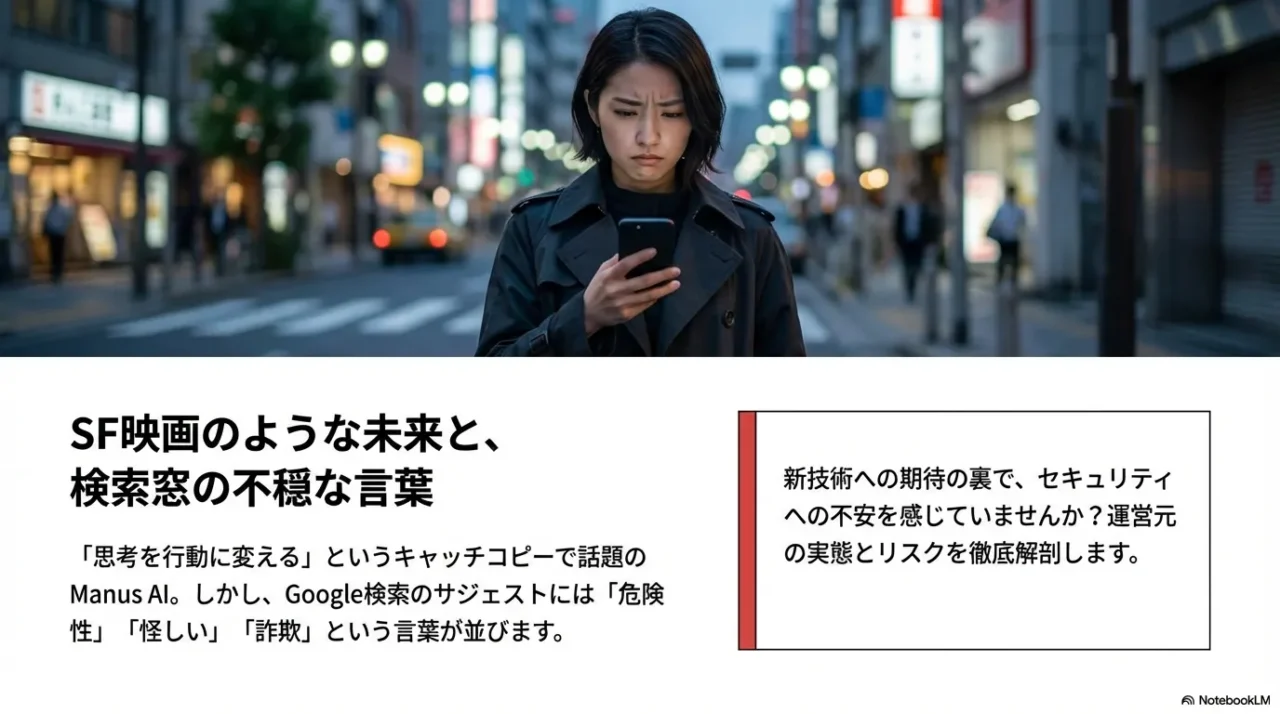 Manus AIの検索サジェストに並ぶ「危険性」「詐欺」などの不穏なキーワードとユーザーの不安。