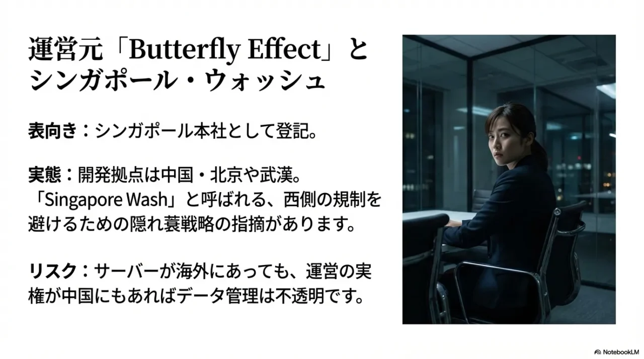 運営元Butterfly Effect社のシンガポール・ウォッシュの構造。登記はシンガポールだが開発は中国。