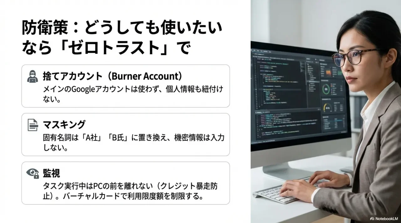 Manus AIを安全に使うためのゼロトラスト対策。捨てアカウント、マスキング、常時監視。