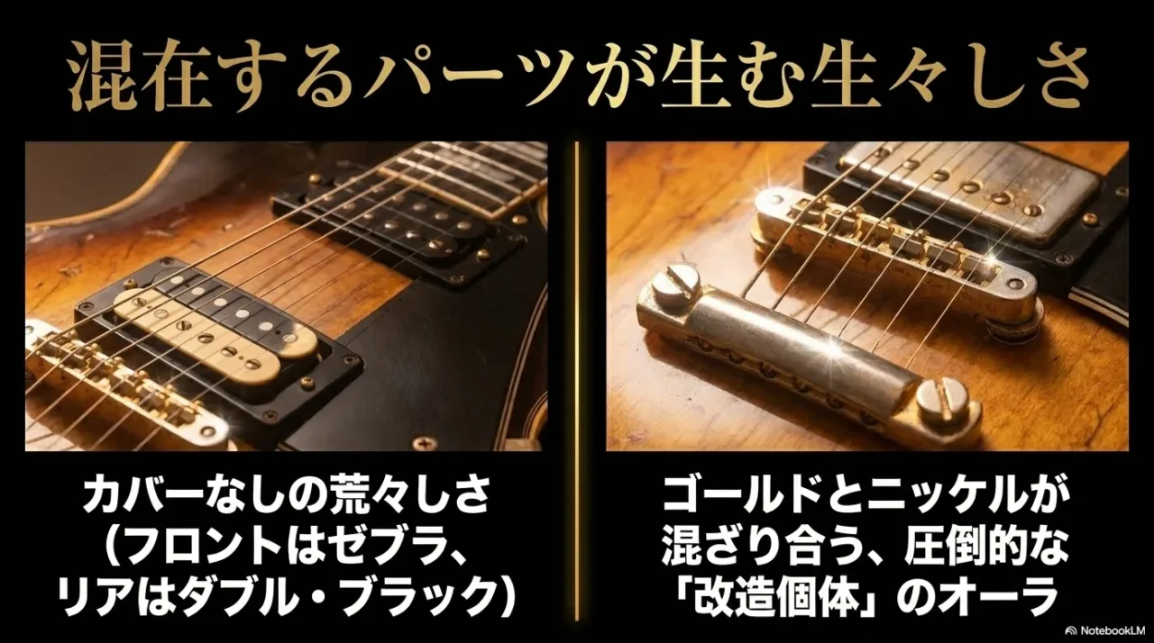 マークボランのレスポールのゼブラピックアップとダブルブラックピックアップを説明する画像