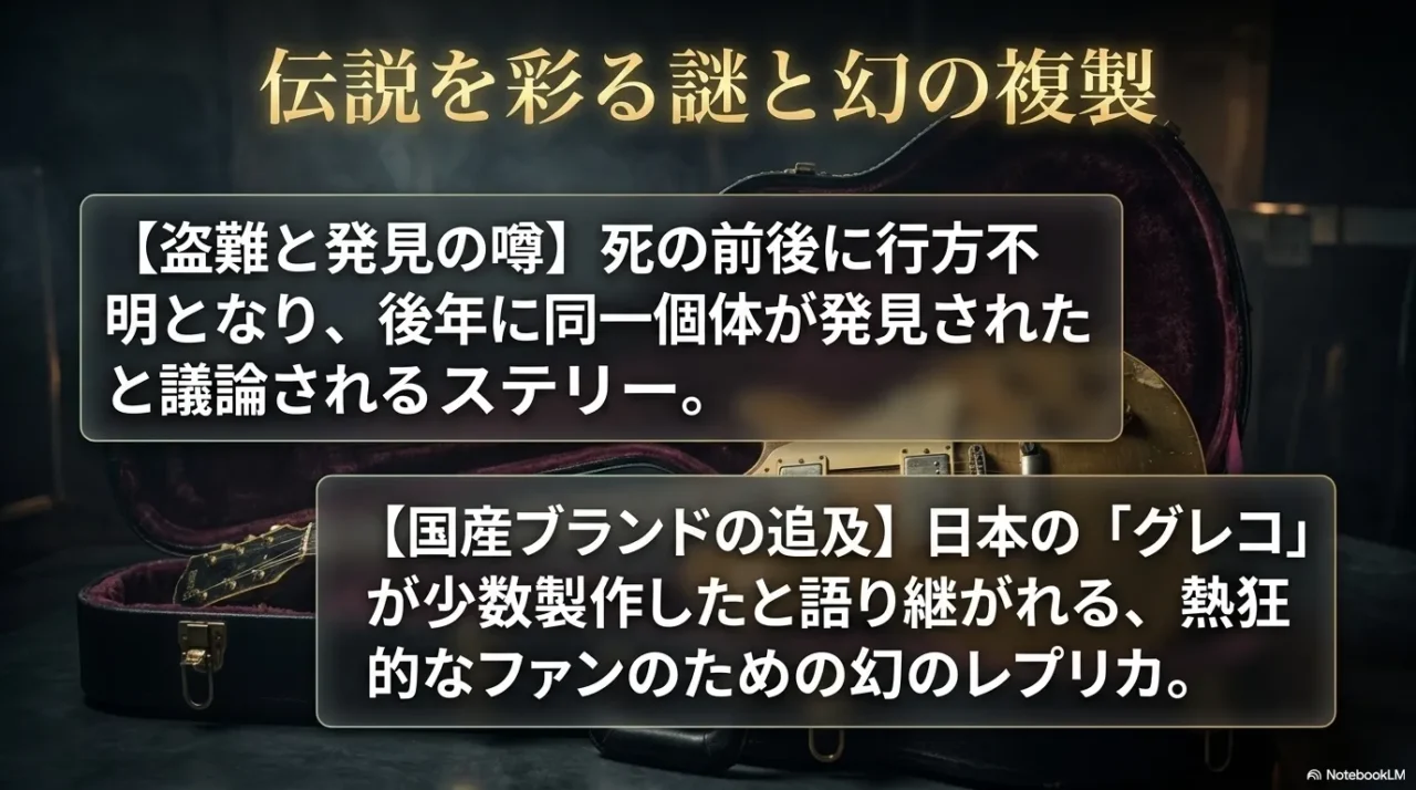 マークボランのレスポールにまつわる盗難説とGrecoレプリカ説を説明する画像