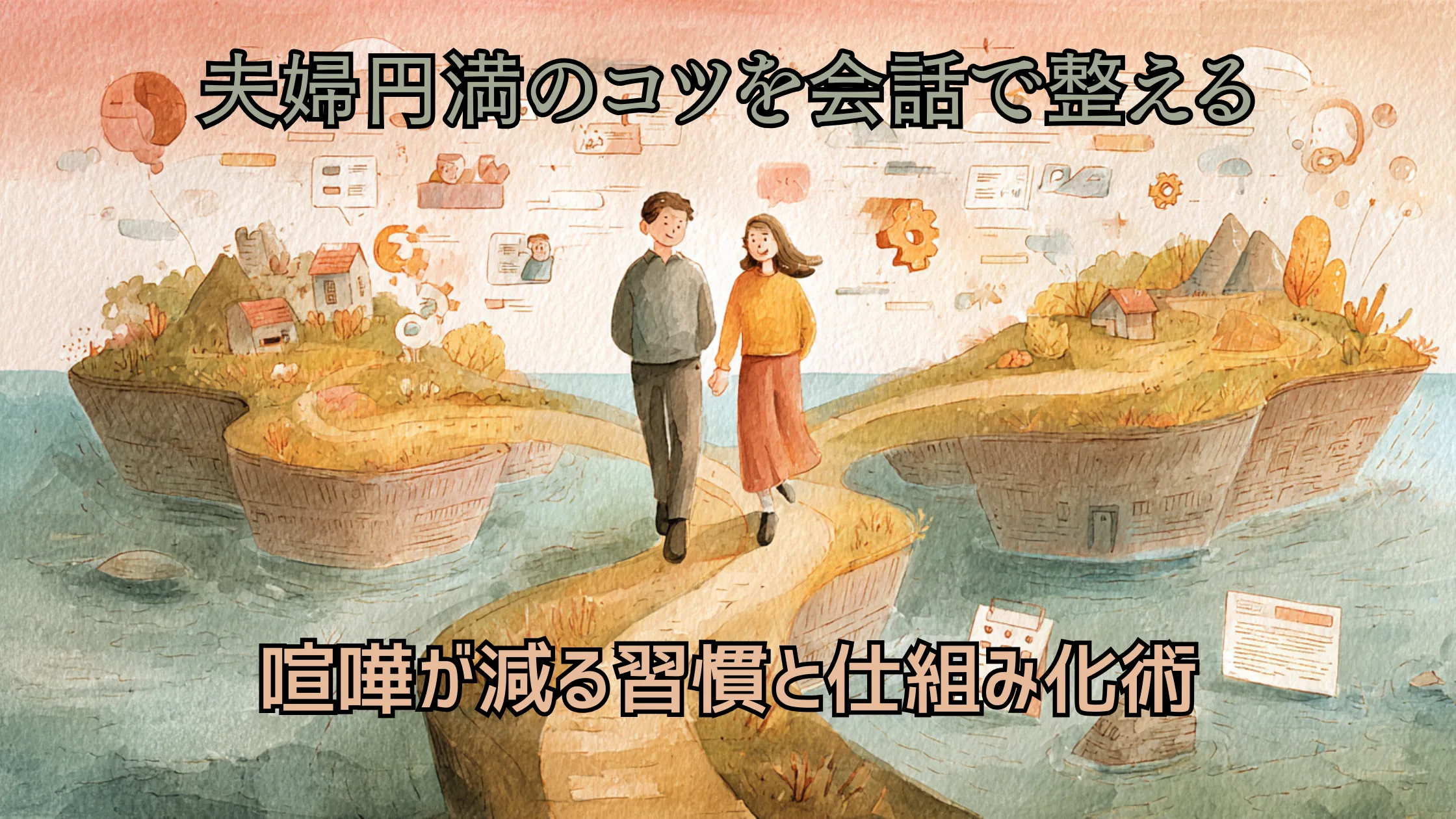 水彩風のイラストで、島をつなぐ道を夫婦が歩き、会話や歯車のアイコンが浮かぶ背景に「夫婦円満のコツを会話で整える」「喧嘩が減る習慣と仕組み化術」と書かれている。