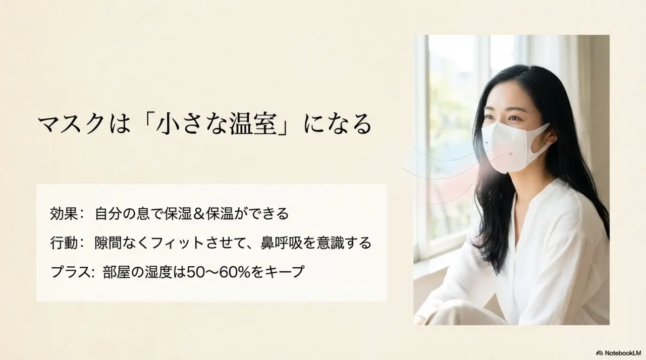マスクの効果：自分の息で保湿・保温ができる「小さな温室」。隙間なくフィットさせることが重要。