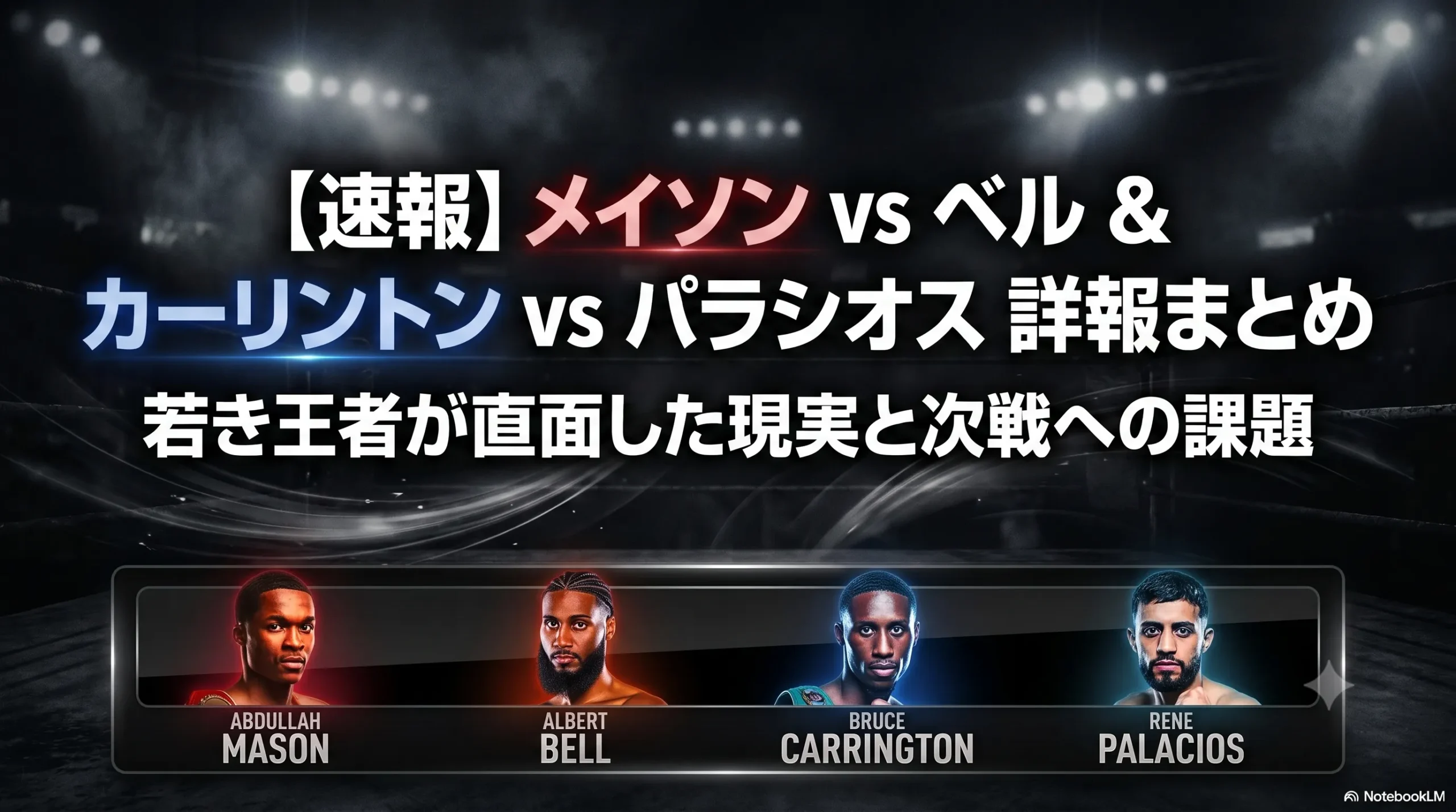 ボクシング速報サムネイル。メイソンvsベル、カーリントンvsパラシオスの詳報まとめ。若き王者が直面した現実と次戦への課題。マson、ベル、カーリントン、パラシオス4選手の顔写真を掲載。