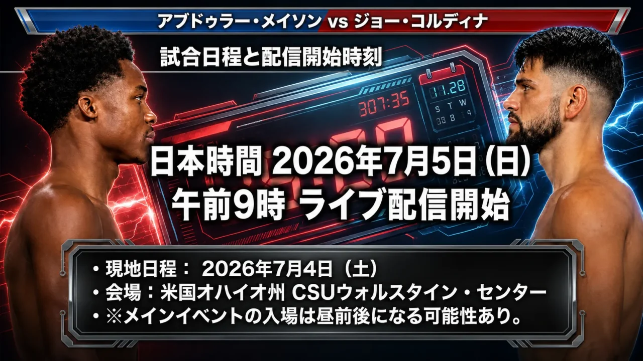 メイソン対コルディナ戦の日本時間2026年7月5日午前9時配信開始