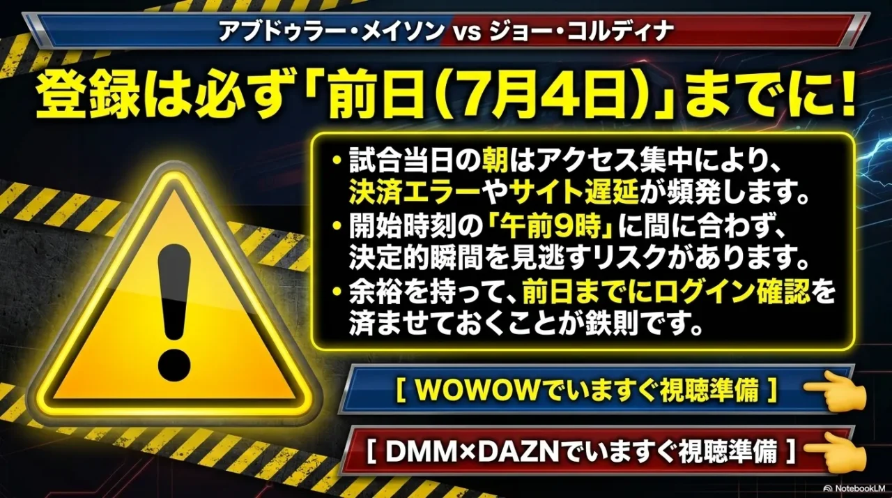 メイソン対コルディナ戦の視聴登録を前日までに済ませる注意案内