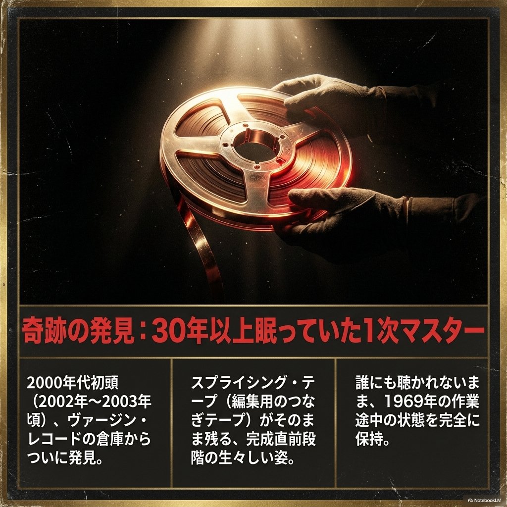 手袋をした手がスポットライトの下でオープンリールのテープを持つ画像に、2000年代初頭にヴァージン・レコードの倉庫で一次マスターが発見された経緯を3点でまとめた解説図。