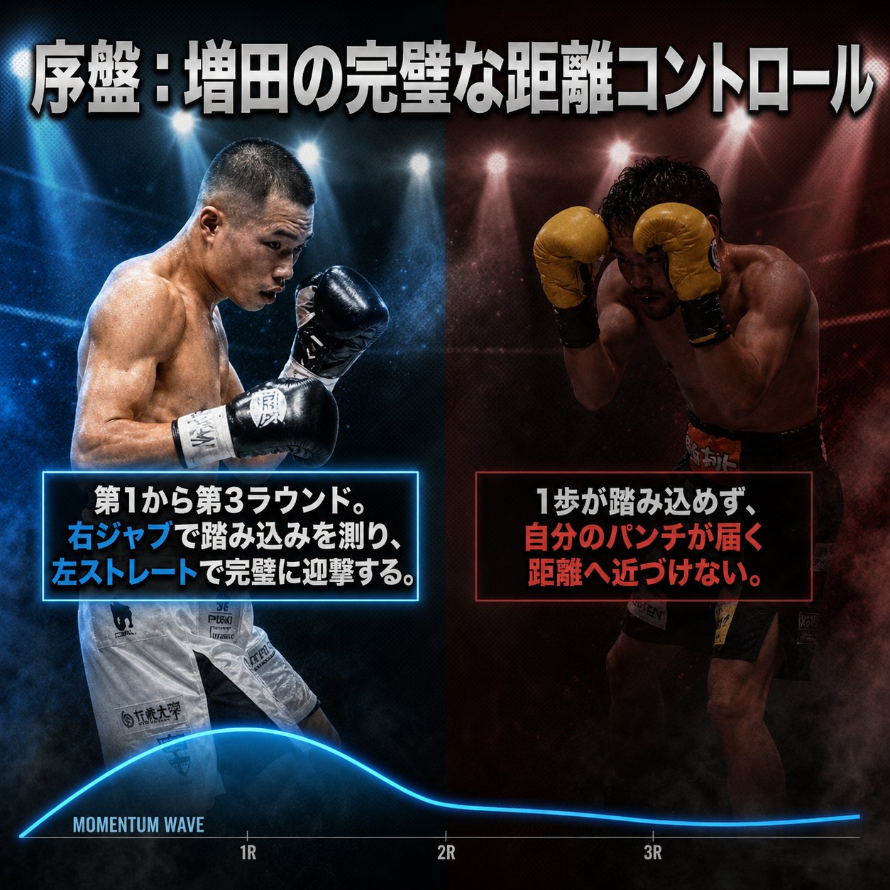 試合序盤の第1〜3ラウンドで、増田陸が右ジャブと左ストレートを使い比嘉大吾を自分のパンチが届く距離に近づけさせなかった場面を示す図