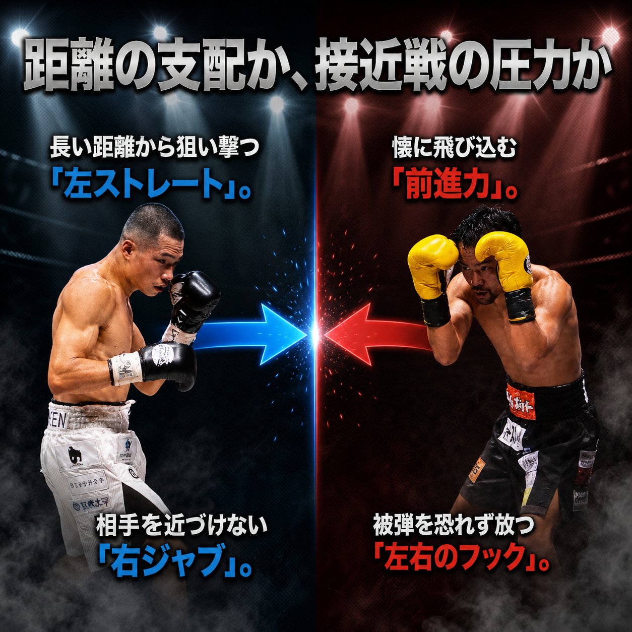 増田陸の左ストレートと右ジャブによる距離の支配と、比嘉大吾の前進力と左右フックによる接近戦を対比した図。両者が構える写真