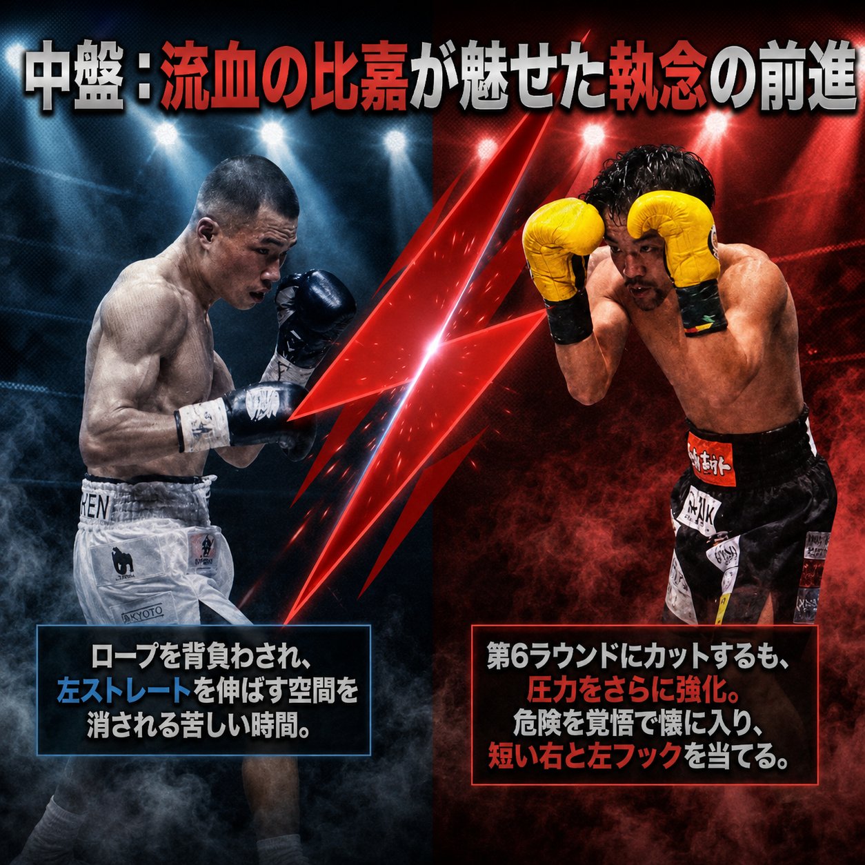 第6ラウンドにカットし流血した比嘉大吾が、圧力を強めて増田陸をロープへ押し込み反撃した中盤の場面を示す図