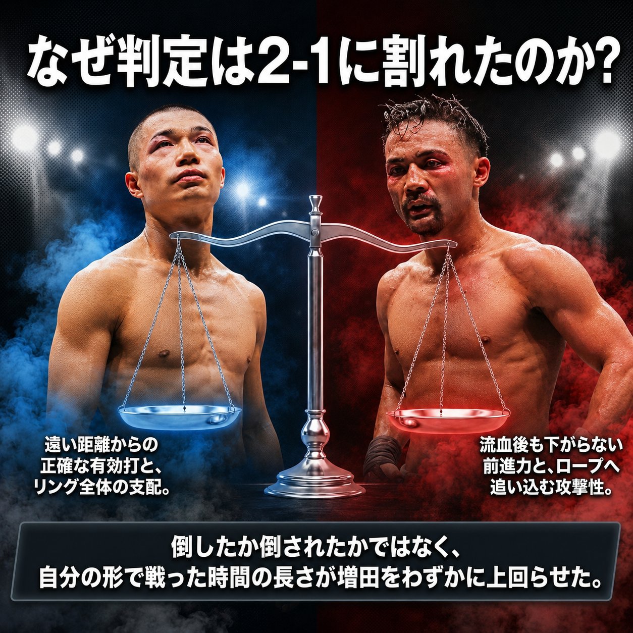 判定が2-1に割れた理由を天秤で表した図。増田陸の正確な有効打と距離支配、比嘉大吾の前進力とロープへ追い込む攻撃性を対比