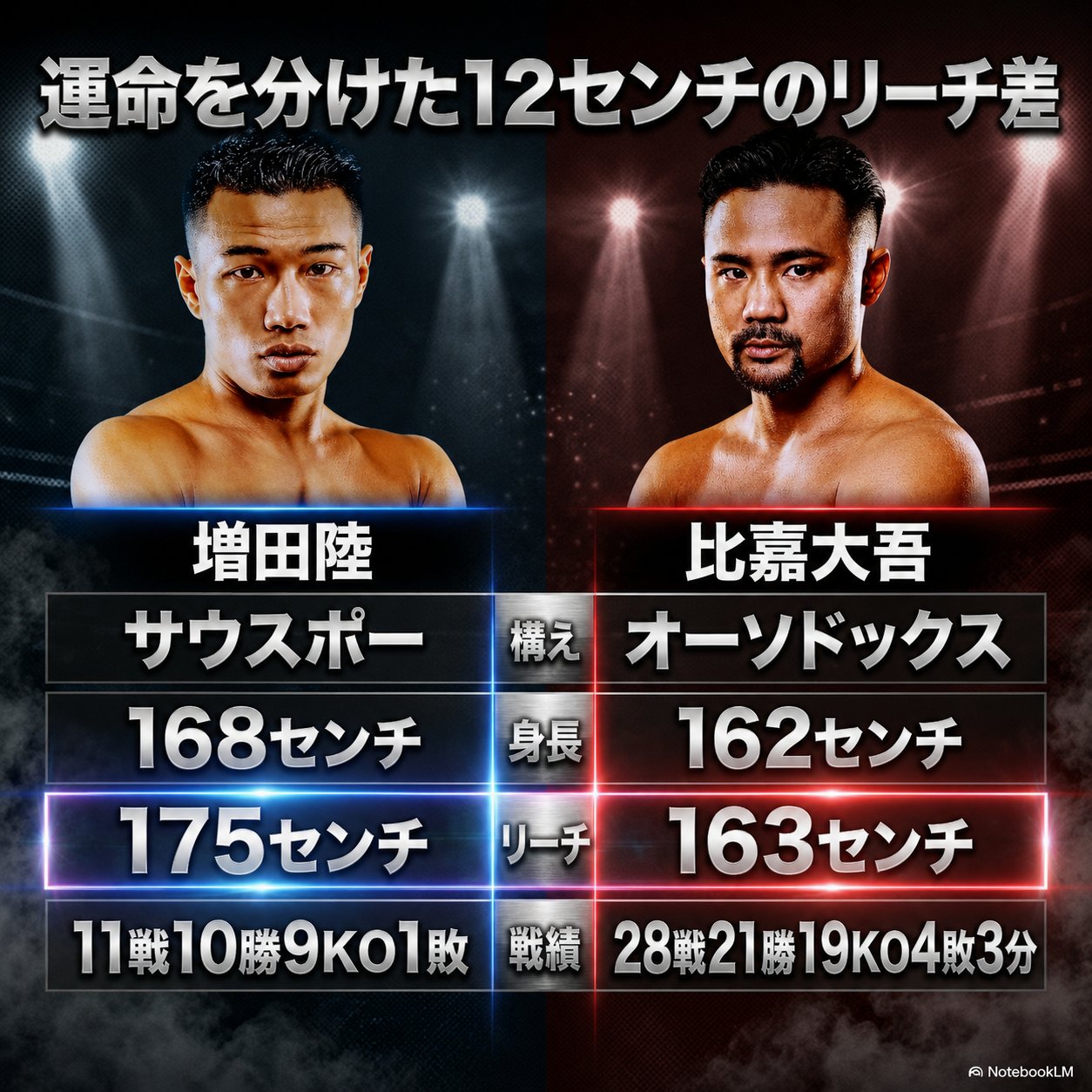 増田陸と比嘉大吾の比較表。構えはサウスポーとオーソドックス、身長168cmと162cm、リーチ175cmと163cm、戦績は11戦10勝9KO1敗と28戦21勝19KO4敗3分