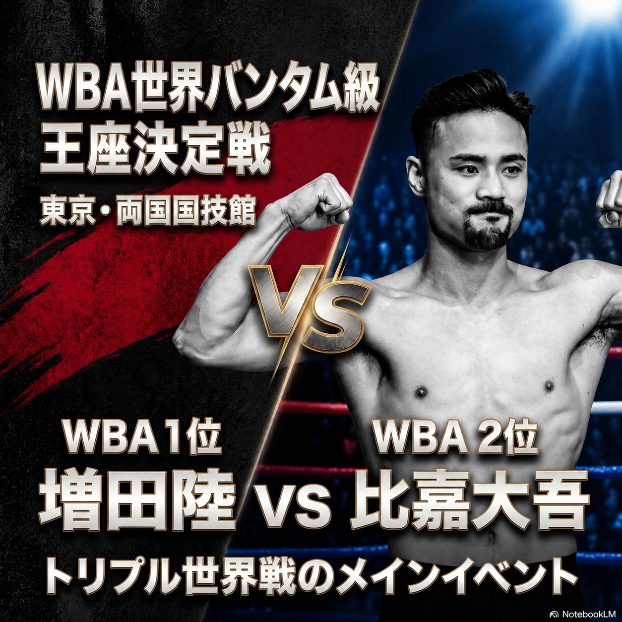 WBA世界バンタム級王座決定戦の増田陸対比嘉大吾を、赤と青のリング背景で告知する対戦画像