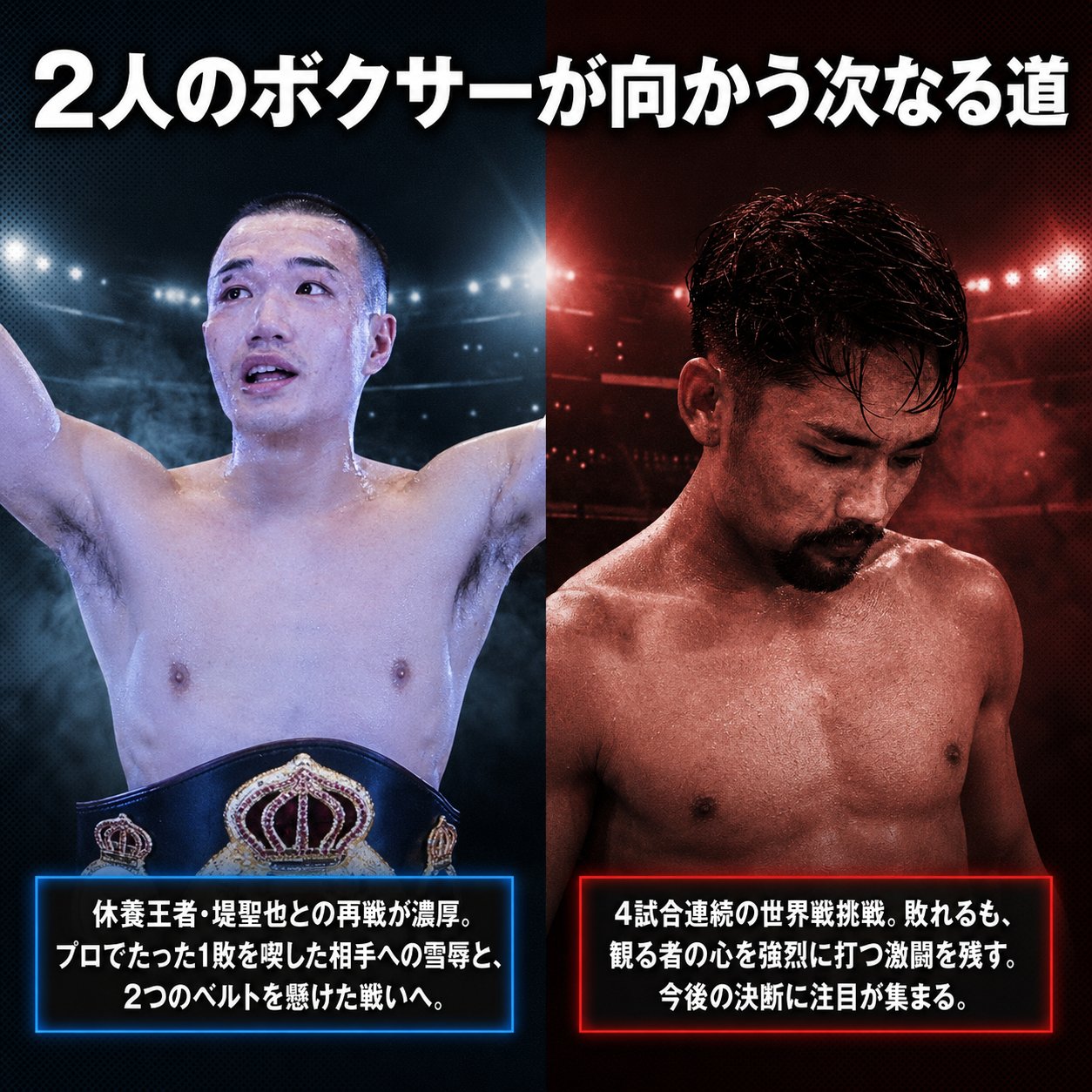 増田陸は休養王者・堤聖也との再戦が濃厚、比嘉大吾は4試合連続世界戦の後の進退が注目される、両者の今後を示す図。増田はベルトを掲げ比嘉は目を伏せる