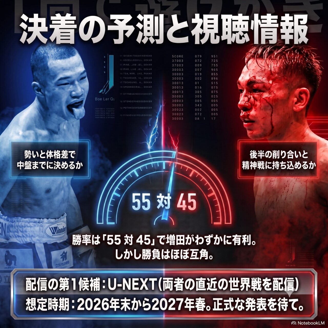 増田陸vs堤聖也の再戦の勝敗予想と視聴情報をまとめたイメージ図解