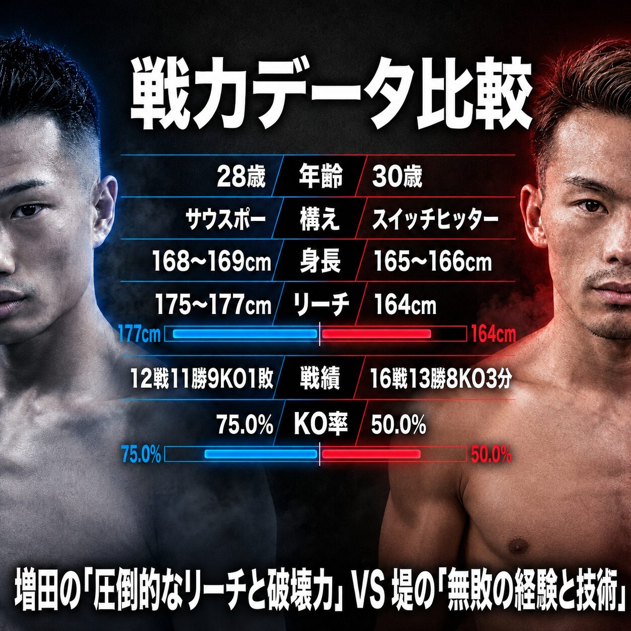 増田陸と堤聖也の年齢・構え・身長・リーチ・戦績・KO率を比較した図解
