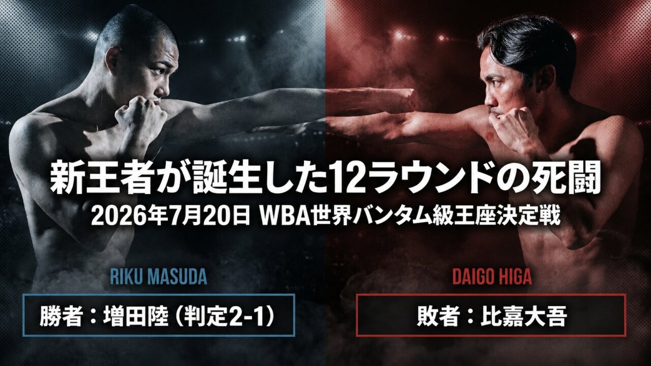 2026年7月20日のWBA世界バンタム級王座決定戦で、増田陸が判定2-1で比嘉大吾を破り新王者となったことを示す結果画像。左に増田、右に比嘉のファイティングポーズ