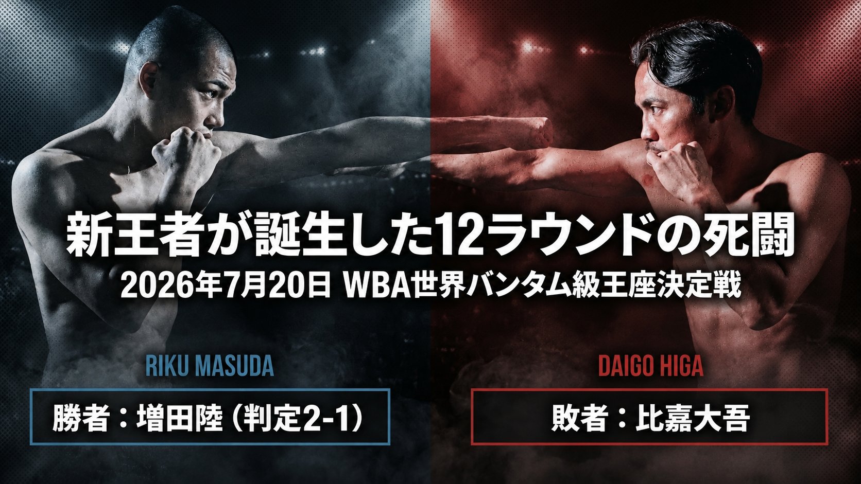 2026年7月20日のWBA世界バンタム級王座決定戦で、増田陸が判定2-1で比嘉大吾を破り新王者となったことを示す結果画像。左に増田、右に比嘉のファイティングポーズ
